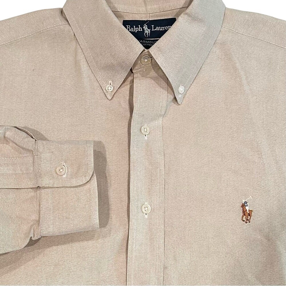 Ralph‎ Lauren Yarmouth 100% Cotton Button Down Dress Shirt Men's 16.5/35 Tan